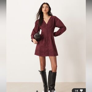 ASOS DESIGN long sleeve cutwork button down mini dress in burgundy